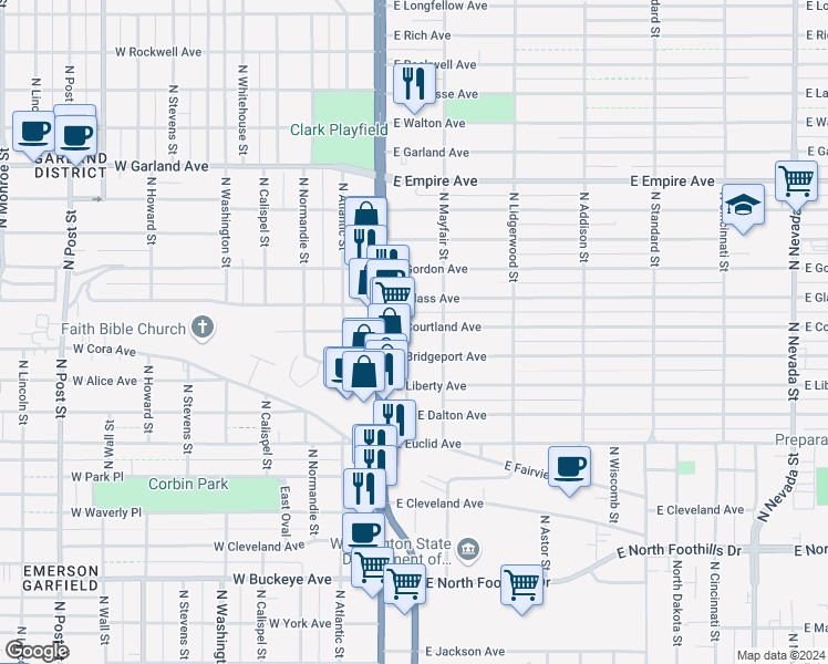 map of restaurants, bars, coffee shops, grocery stores, and more near 30 East Courtland Avenue in Spokane