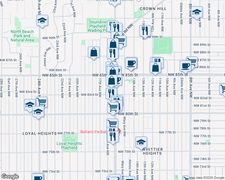 map of restaurants, bars, coffee shops, grocery stores, and more near 8322 16th Avenue Northwest in Seattle