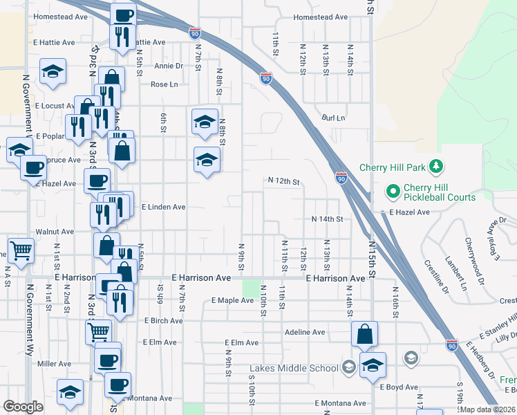 map of restaurants, bars, coffee shops, grocery stores, and more near 1507 North 10th Street in Coeur d'Alene