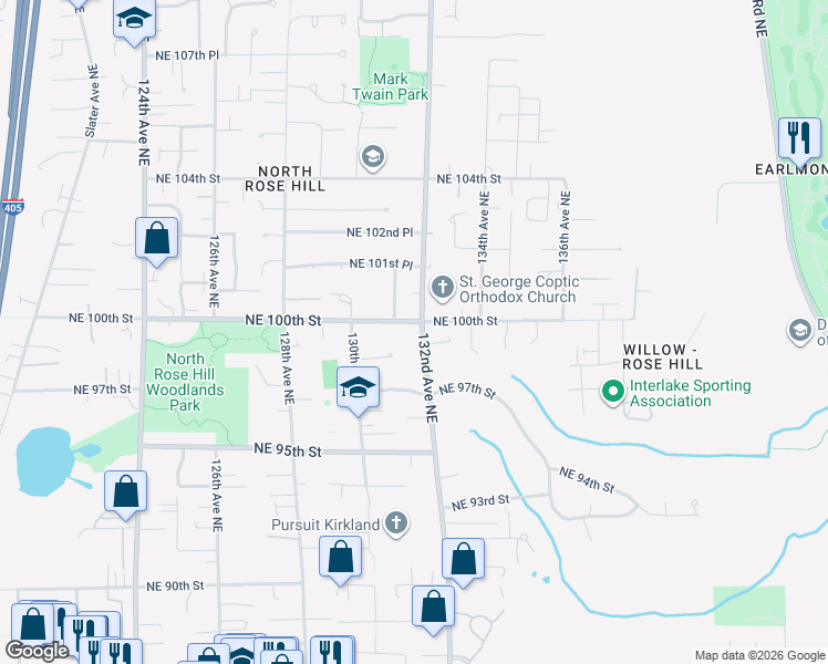 map of restaurants, bars, coffee shops, grocery stores, and more near 13129 Northeast 100th Street in Kirkland