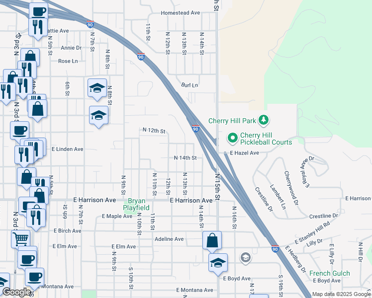 map of restaurants, bars, coffee shops, grocery stores, and more near 1301 East Hazel Avenue in Coeur d'Alene