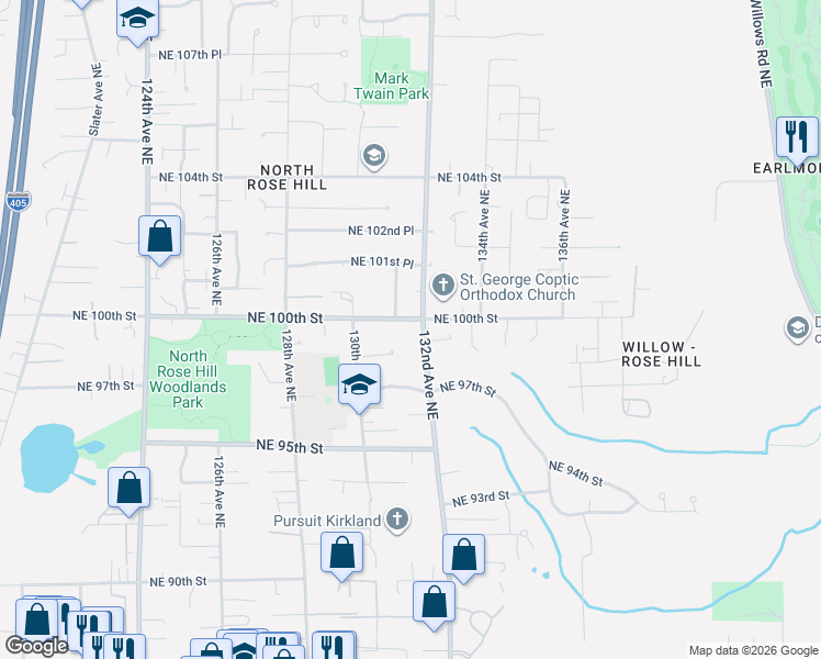 map of restaurants, bars, coffee shops, grocery stores, and more near 10008 131st Place Northeast in Kirkland