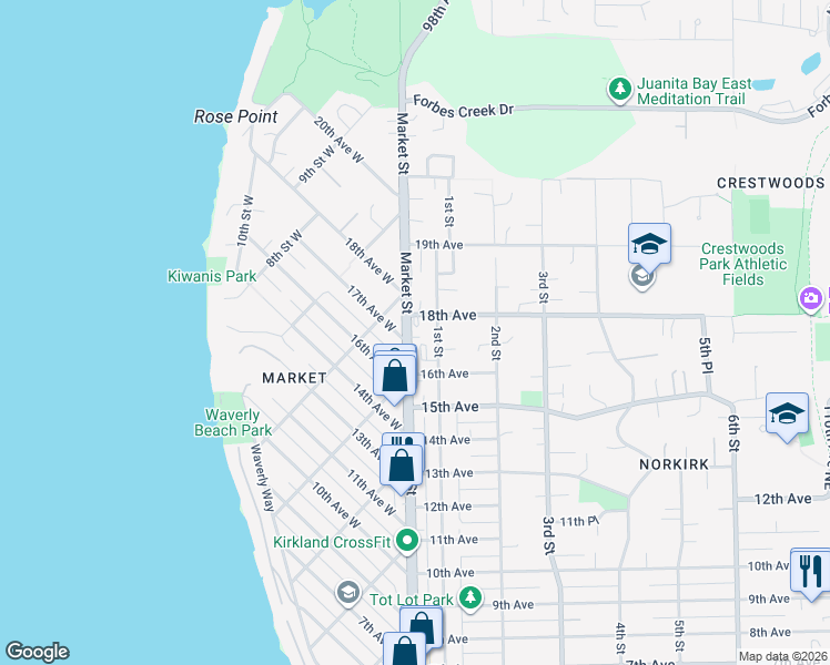 map of restaurants, bars, coffee shops, grocery stores, and more near in Kirkland