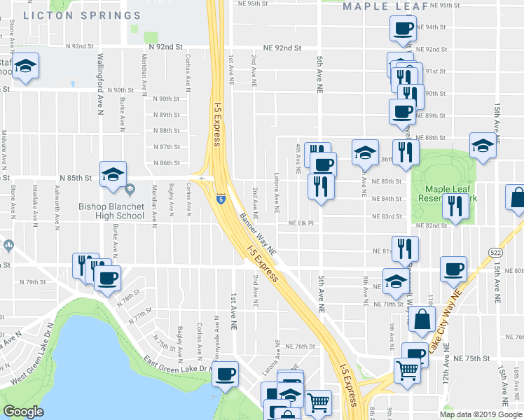 map of restaurants, bars, coffee shops, grocery stores, and more near 8224 2nd Avenue Northeast in Seattle