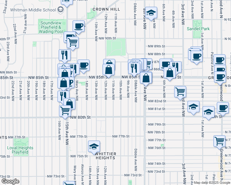 map of restaurants, bars, coffee shops, grocery stores, and more near 8322 11th Avenue Northwest in Seattle