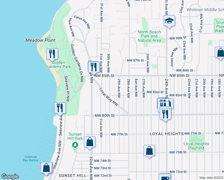 map of restaurants, bars, coffee shops, grocery stores, and more near 8324 30th Avenue Northwest in Seattle