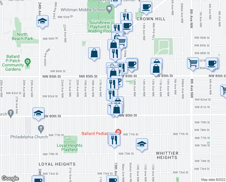map of restaurants, bars, coffee shops, grocery stores, and more near 8322 16th Avenue Northwest in Seattle