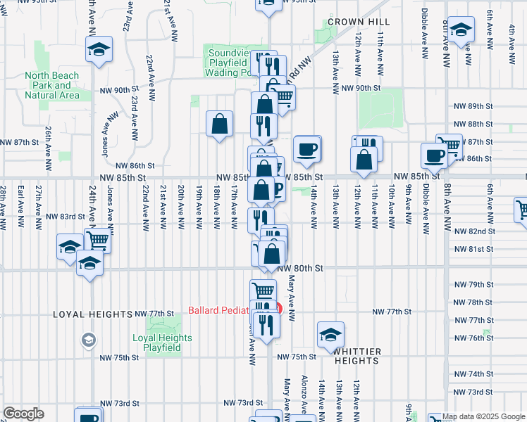 map of restaurants, bars, coffee shops, grocery stores, and more near 8322 16th Avenue Northwest in Seattle