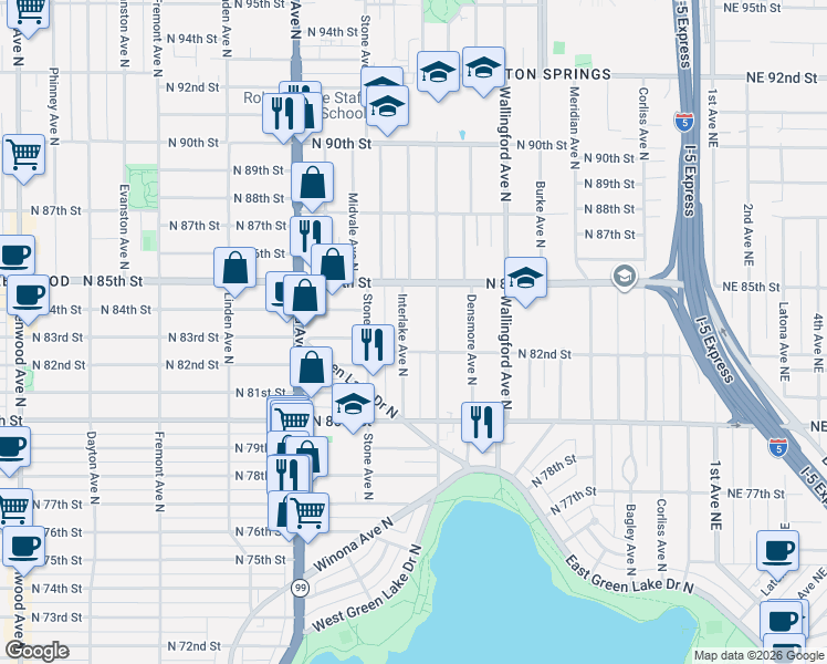 map of restaurants, bars, coffee shops, grocery stores, and more near 8216 Interlake Avenue North in Seattle