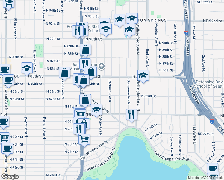 map of restaurants, bars, coffee shops, grocery stores, and more near 8216 Interlake Avenue North in Seattle