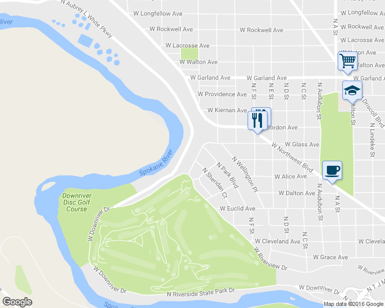 map of restaurants, bars, coffee shops, grocery stores, and more near 3407 North Columbia Circle in Spokane
