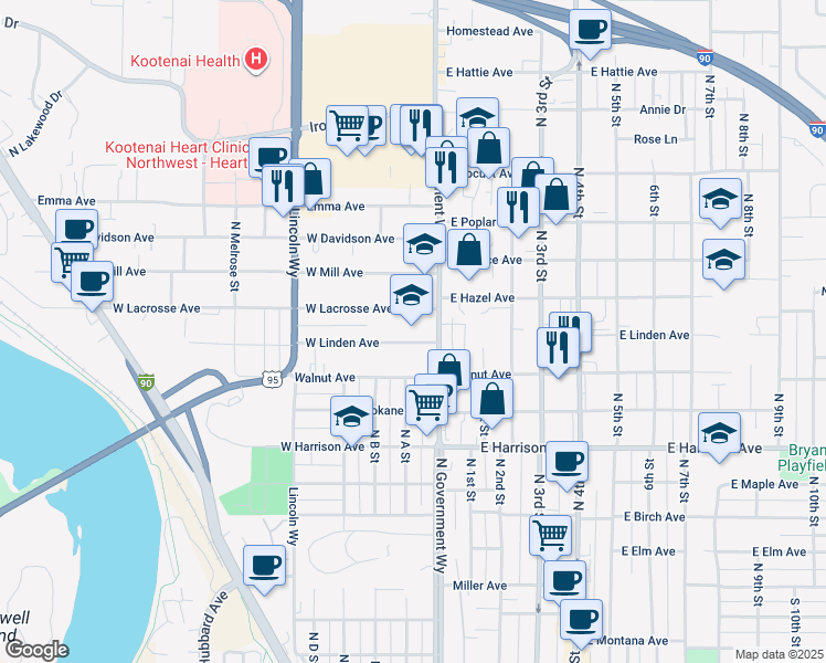 map of restaurants, bars, coffee shops, grocery stores, and more near 210 West Lacrosse Avenue in Coeur d'Alene