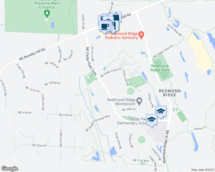 map of restaurants, bars, coffee shops, grocery stores, and more near 10148 224th Avenue Northeast in Redmond