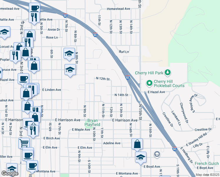 map of restaurants, bars, coffee shops, grocery stores, and more near 1532 North 12th Street in Coeur d'Alene