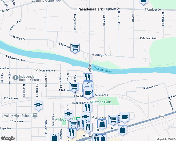 map of restaurants, bars, coffee shops, grocery stores, and more near 9011 East South Riverway Avenue in Millwood