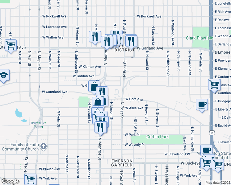 map of restaurants, bars, coffee shops, grocery stores, and more near in Spokane