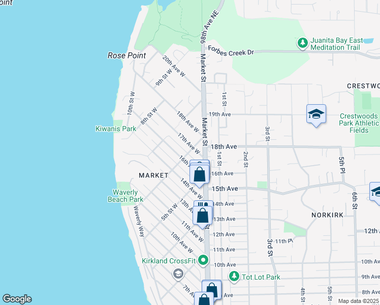 map of restaurants, bars, coffee shops, grocery stores, and more near 1620 6th Street West in Kirkland