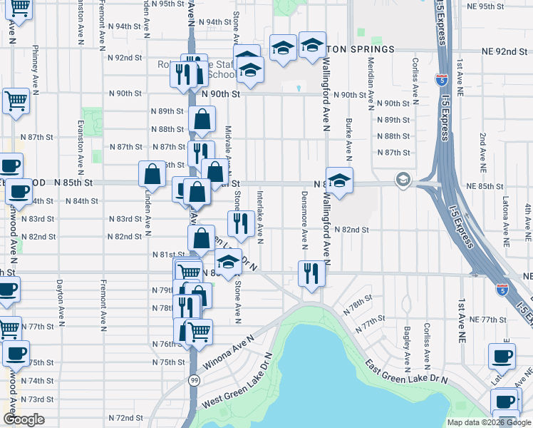 map of restaurants, bars, coffee shops, grocery stores, and more near 8228 Interlake Avenue North in Seattle
