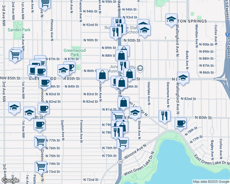 map of restaurants, bars, coffee shops, grocery stores, and more near 8310 Aurora Avenue North in Seattle