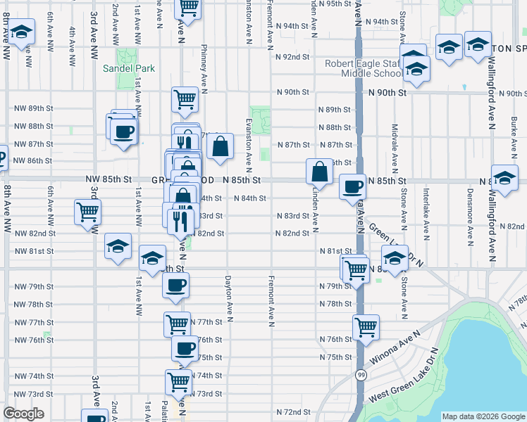 map of restaurants, bars, coffee shops, grocery stores, and more near 545 North 84th Street in Seattle