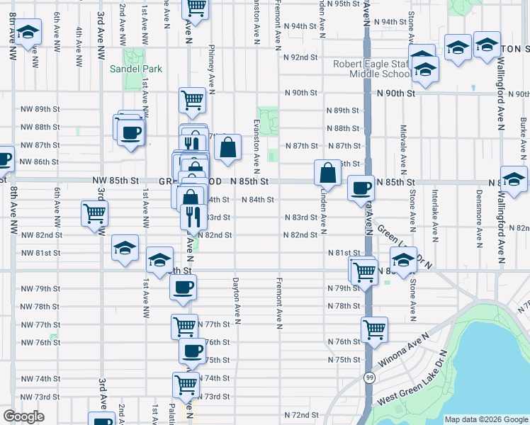 map of restaurants, bars, coffee shops, grocery stores, and more near 545 North 84th Street in Seattle