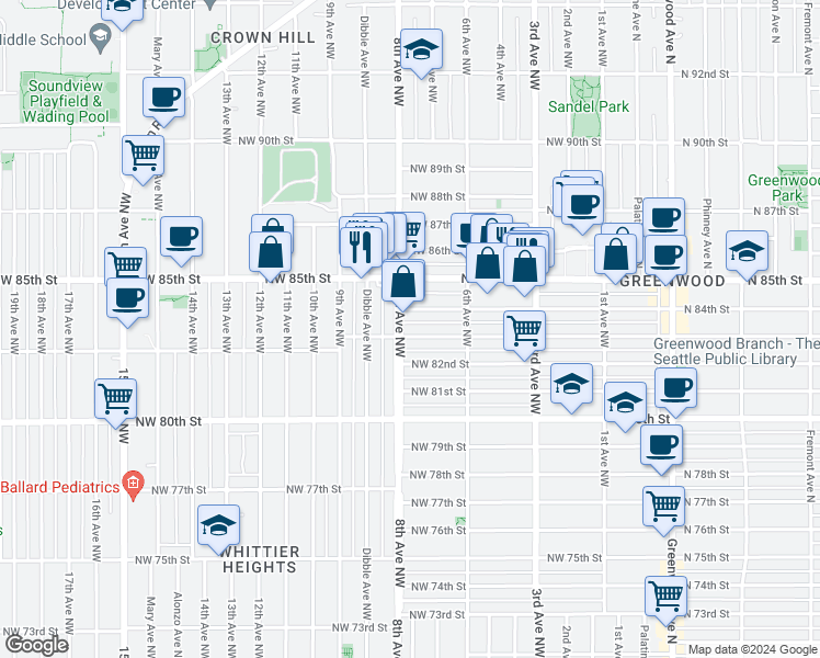 map of restaurants, bars, coffee shops, grocery stores, and more near 647 Northwest 84th Street in Seattle