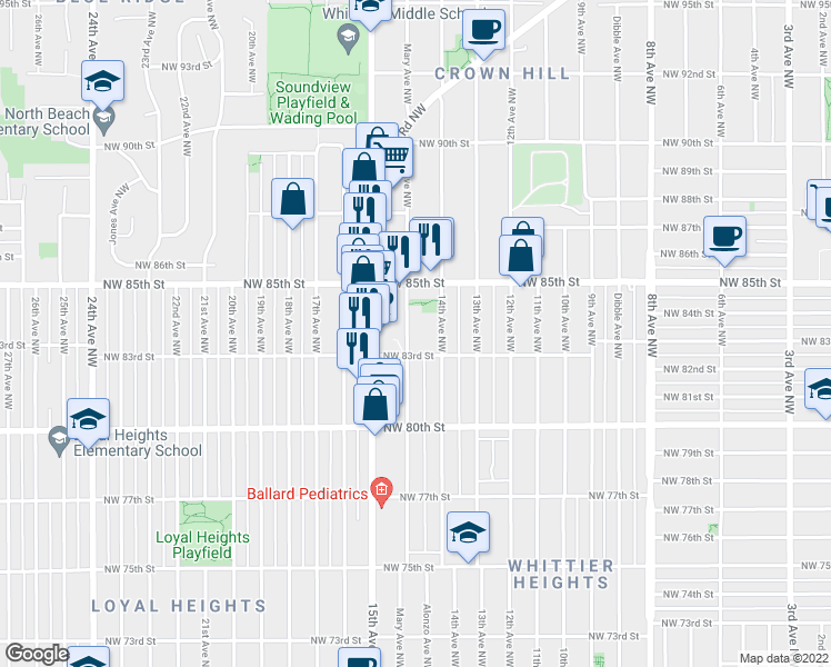 map of restaurants, bars, coffee shops, grocery stores, and more near 8325 14th Avenue Northwest in Seattle