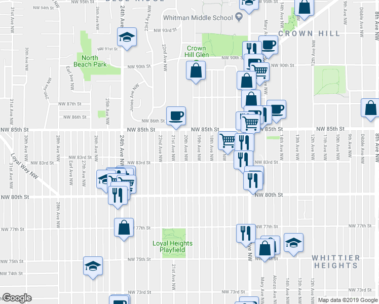 map of restaurants, bars, coffee shops, grocery stores, and more near 8326 20th Avenue Northwest in Seattle