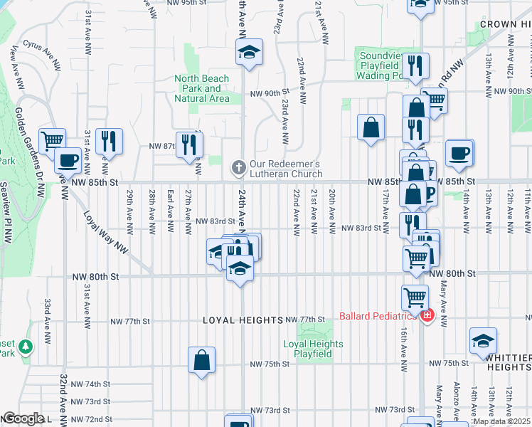 map of restaurants, bars, coffee shops, grocery stores, and more near 8327 Jones Avenue Northwest in Seattle
