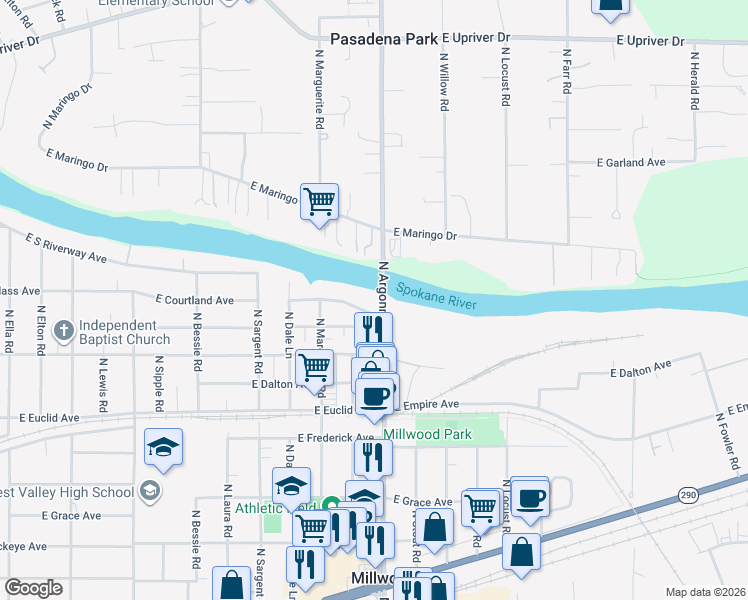map of restaurants, bars, coffee shops, grocery stores, and more near 9011 East South Riverway Avenue in Millwood
