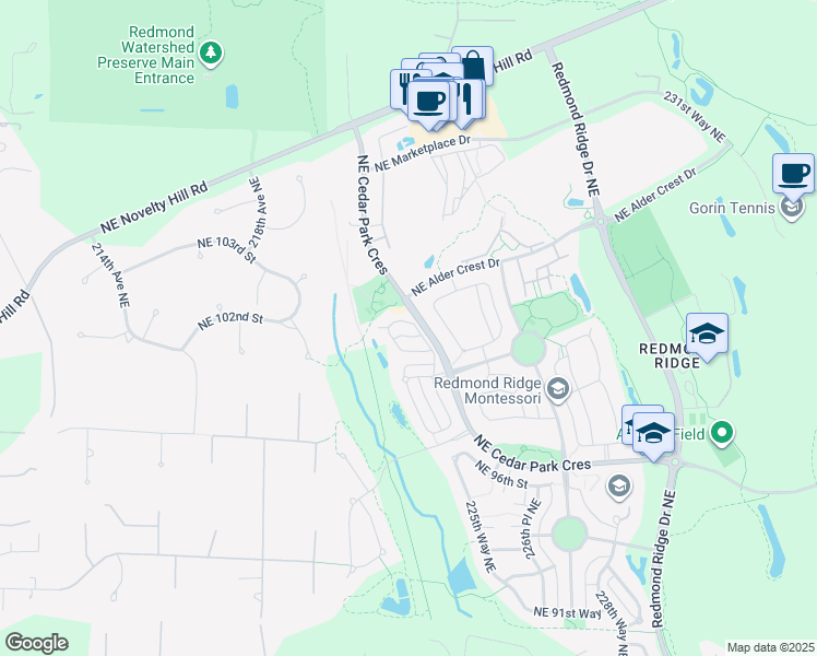 map of restaurants, bars, coffee shops, grocery stores, and more near 10155 223rd Place Northeast in Redmond