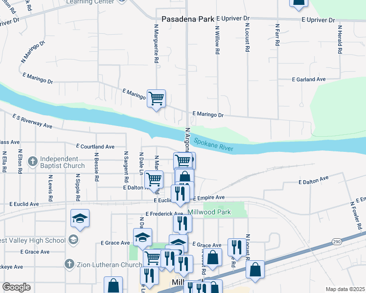 map of restaurants, bars, coffee shops, grocery stores, and more near 9011 East South Riverway Avenue in Millwood