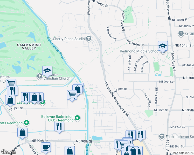 map of restaurants, bars, coffee shops, grocery stores, and more near 9859 Woodinville Redmond Road Northeast in Redmond