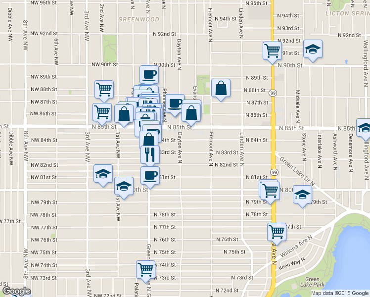 map of restaurants, bars, coffee shops, grocery stores, and more near 506 North 83rd Street in Seattle