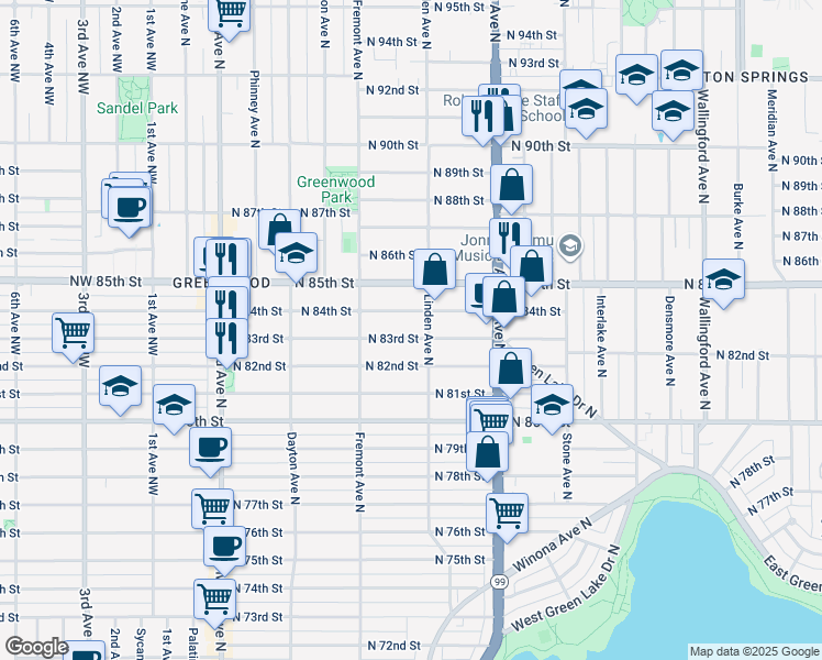 map of restaurants, bars, coffee shops, grocery stores, and more near 8307 Linden Avenue North in Seattle