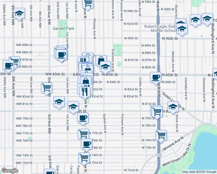 map of restaurants, bars, coffee shops, grocery stores, and more near 506 North 83rd Street in Seattle