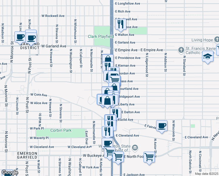 map of restaurants, bars, coffee shops, grocery stores, and more near 3402 U.S. 395 in Spokane