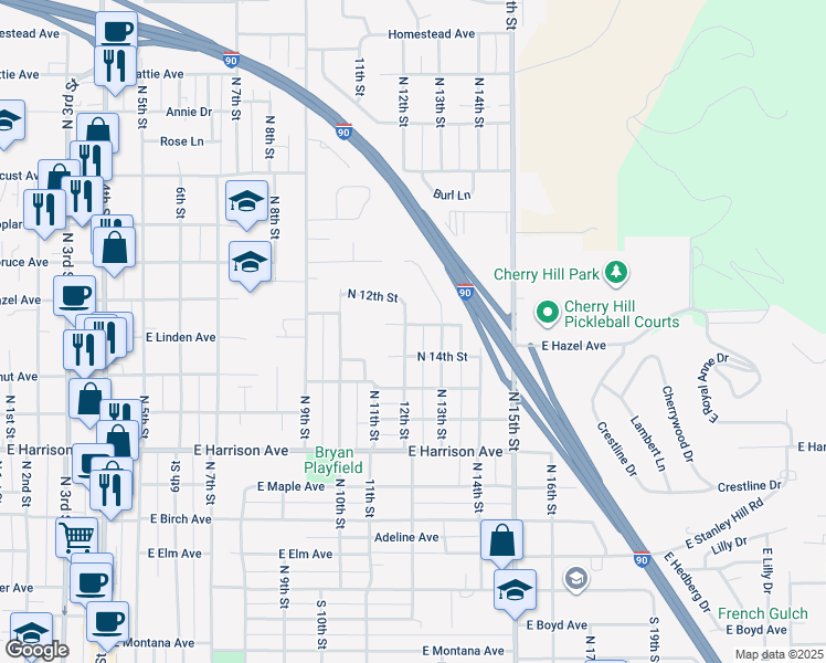 map of restaurants, bars, coffee shops, grocery stores, and more near 1532 North 12th Street in Coeur d'Alene