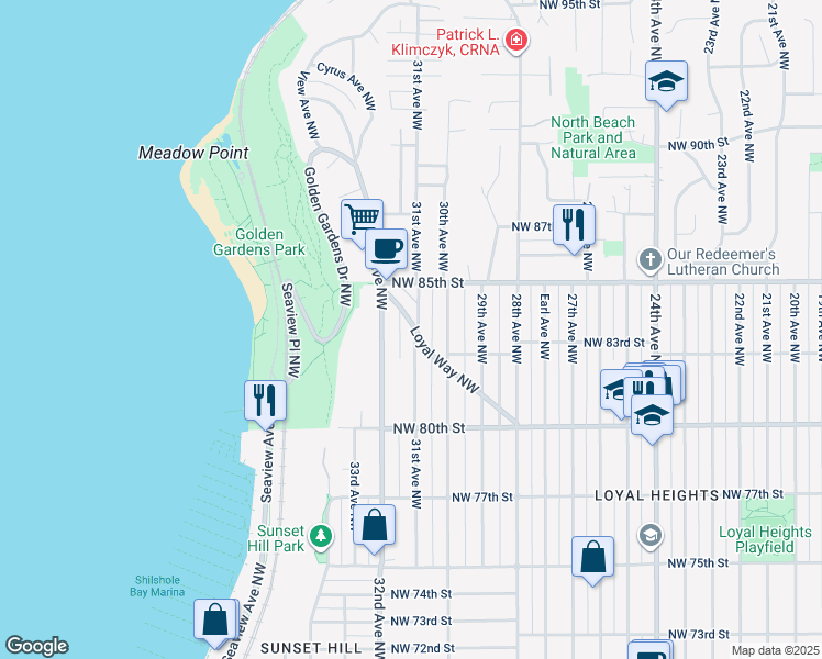 map of restaurants, bars, coffee shops, grocery stores, and more near 8361 31st Avenue Northwest in Seattle