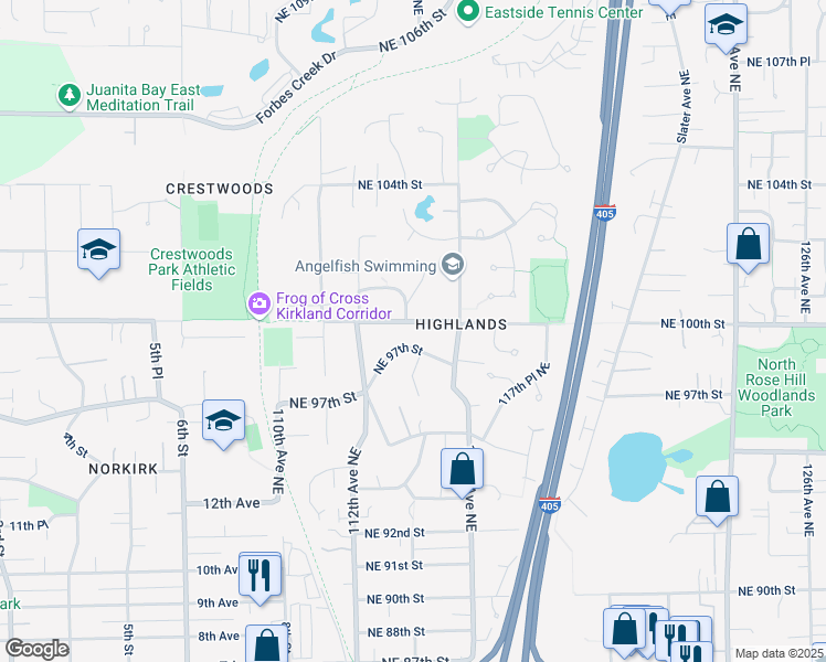 map of restaurants, bars, coffee shops, grocery stores, and more near 11291 Northeast 100th Street in Kirkland