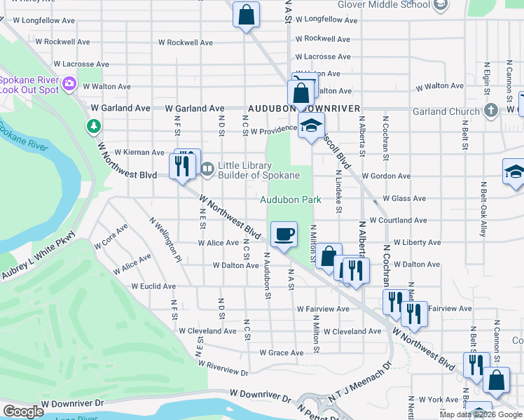 map of restaurants, bars, coffee shops, grocery stores, and more near 3418 North C Street in Spokane