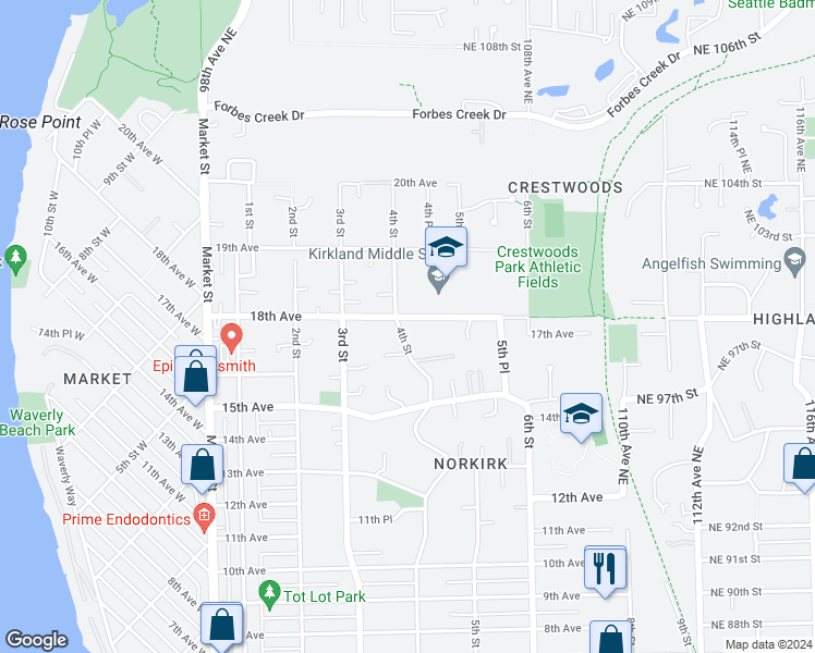 map of restaurants, bars, coffee shops, grocery stores, and more near 403 18th Avenue in Kirkland
