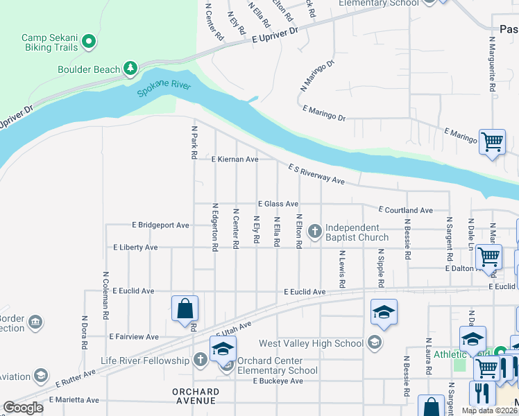 map of restaurants, bars, coffee shops, grocery stores, and more near 7808 East Glass Avenue in Spokane Valley