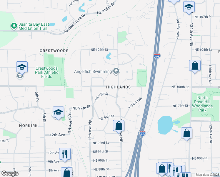 map of restaurants, bars, coffee shops, grocery stores, and more near 11419 Northeast 100th Street in Kirkland