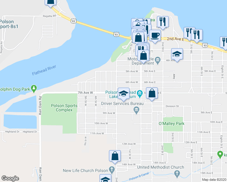 map of restaurants, bars, coffee shops, grocery stores, and more near 607 3rd Street West in Polson