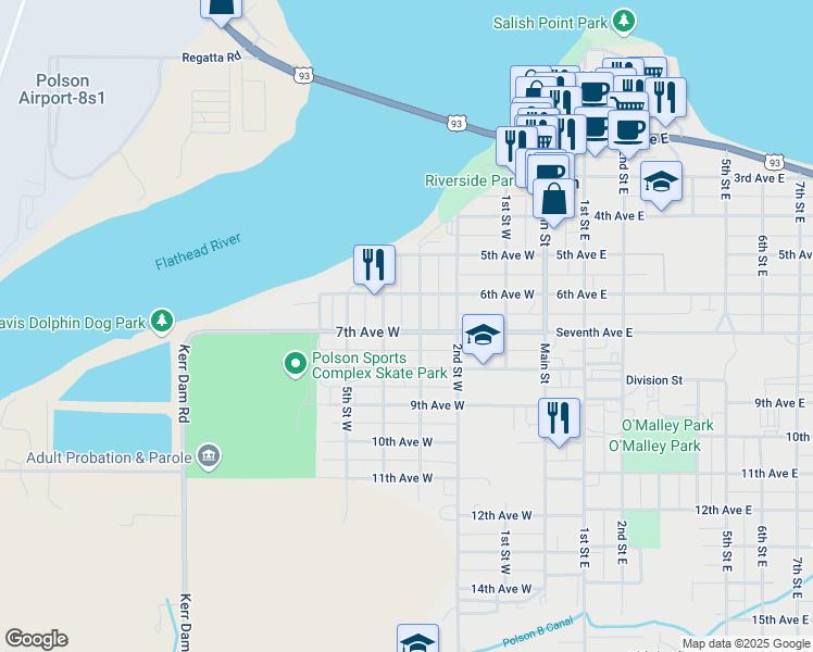 map of restaurants, bars, coffee shops, grocery stores, and more near 607 4th Street West in Polson