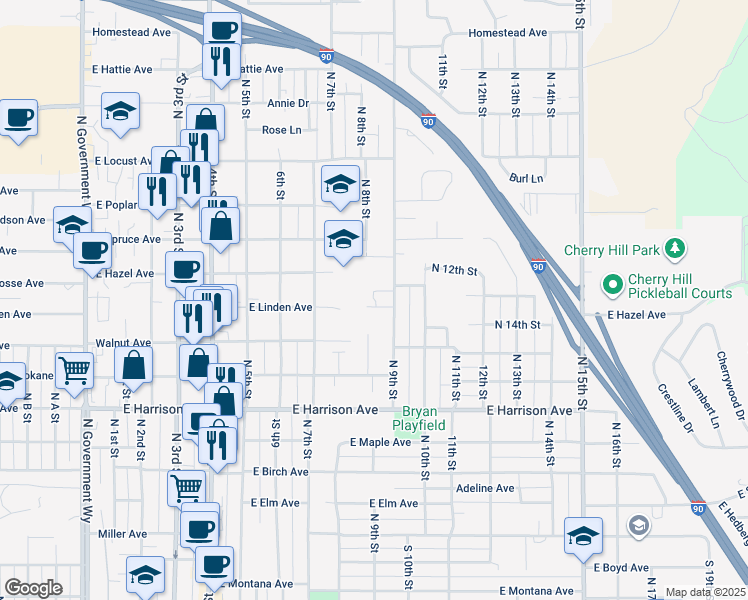 map of restaurants, bars, coffee shops, grocery stores, and more near 1421 North 9th Street in Coeur d'Alene