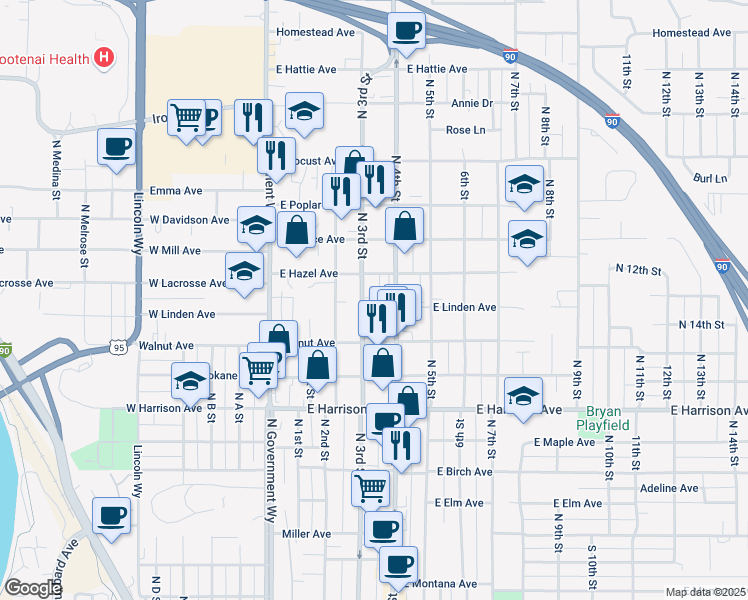 map of restaurants, bars, coffee shops, grocery stores, and more near 1500 North 4th Street in Coeur d'Alene