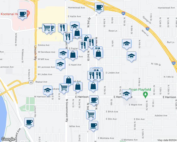 map of restaurants, bars, coffee shops, grocery stores, and more near 1505 North 3rd Street in Coeur d'Alene