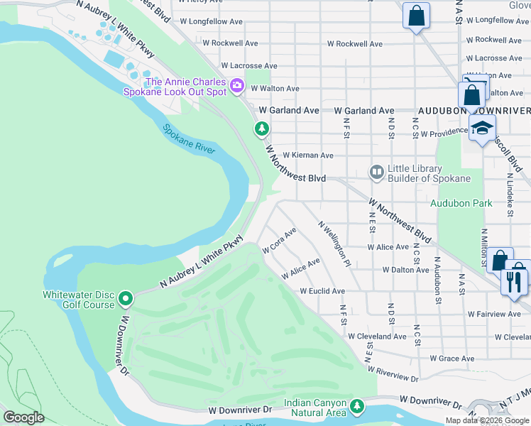 map of restaurants, bars, coffee shops, grocery stores, and more near 3426 North Columbia Circle in Spokane